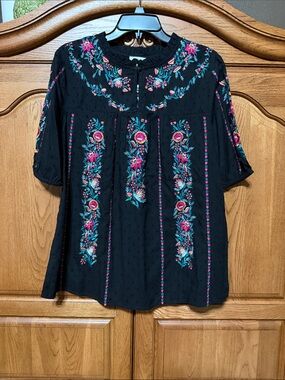 NWT Sundance Embroidered Black Peasant Top with Pink & Teal Floral Accents